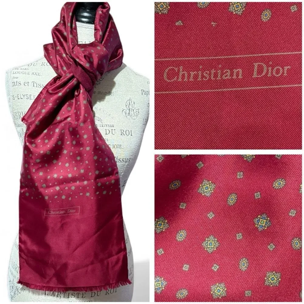 Vintage Christian Dior Reversible Silk and Wool Dark Red Printed Scarf 55” x 9”